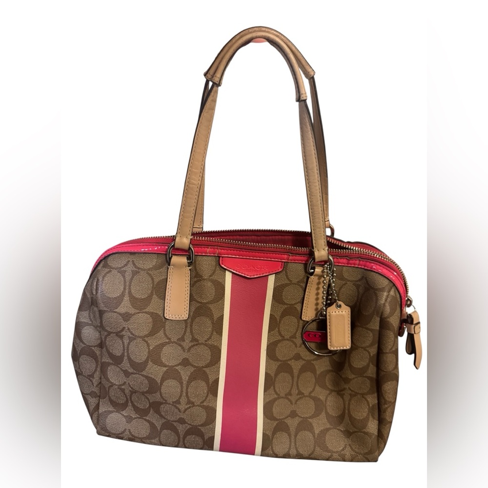 Coach Signature Stripe Nancy Satchel Handbag PVC Leather All Over Pattern Logo